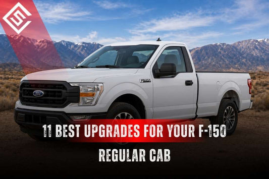 White Ford F-150 Regular Cab in desert landscape promoting practical upgrades for seat, floor and bed protection.