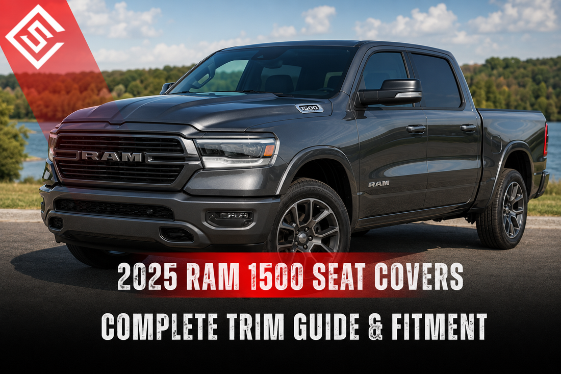 Gray 2025 Ram 1500 pickup illustrating Ram 1500 Seat Covers trim guide for selecting the right fit by trim level.
