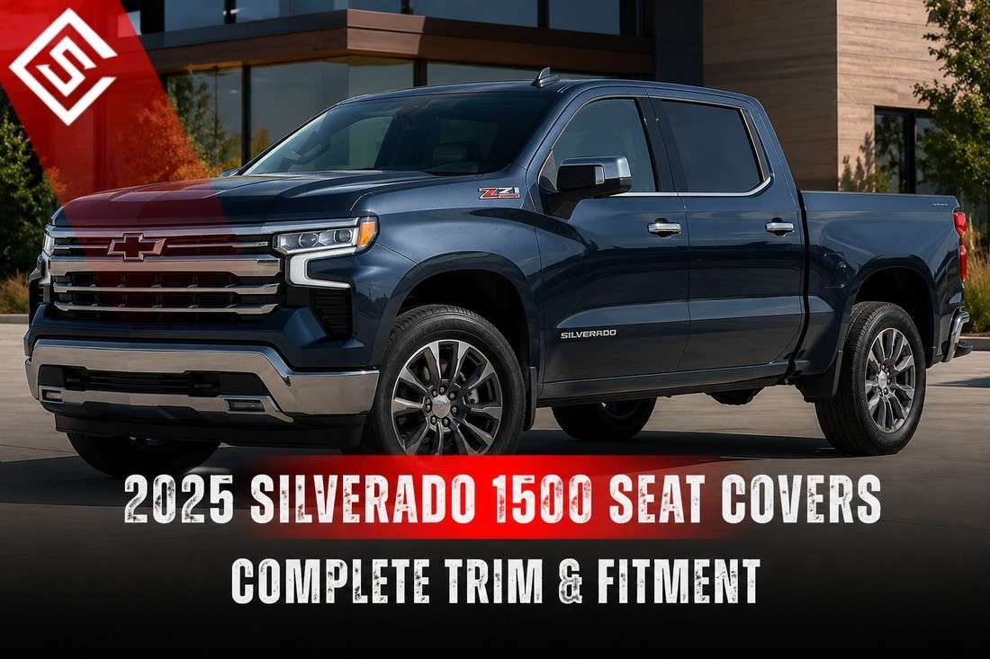 2025 Chevrolet Silverado 1500 crew cab truck showcasing trim specific seat cover fitment options for every model level.