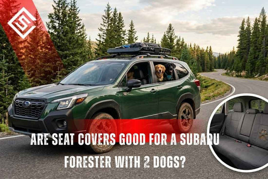 Subaru Forester on forest road with two dogs in rear seat, highlighting need for durable seat covers for pet owners in rides.