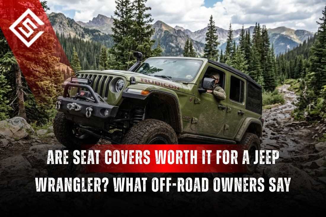 Jeep Wrangler Rubicon off-roading in mountains showing seat covers for Jeep Wrangler protect against mud, sun, & trail wear.