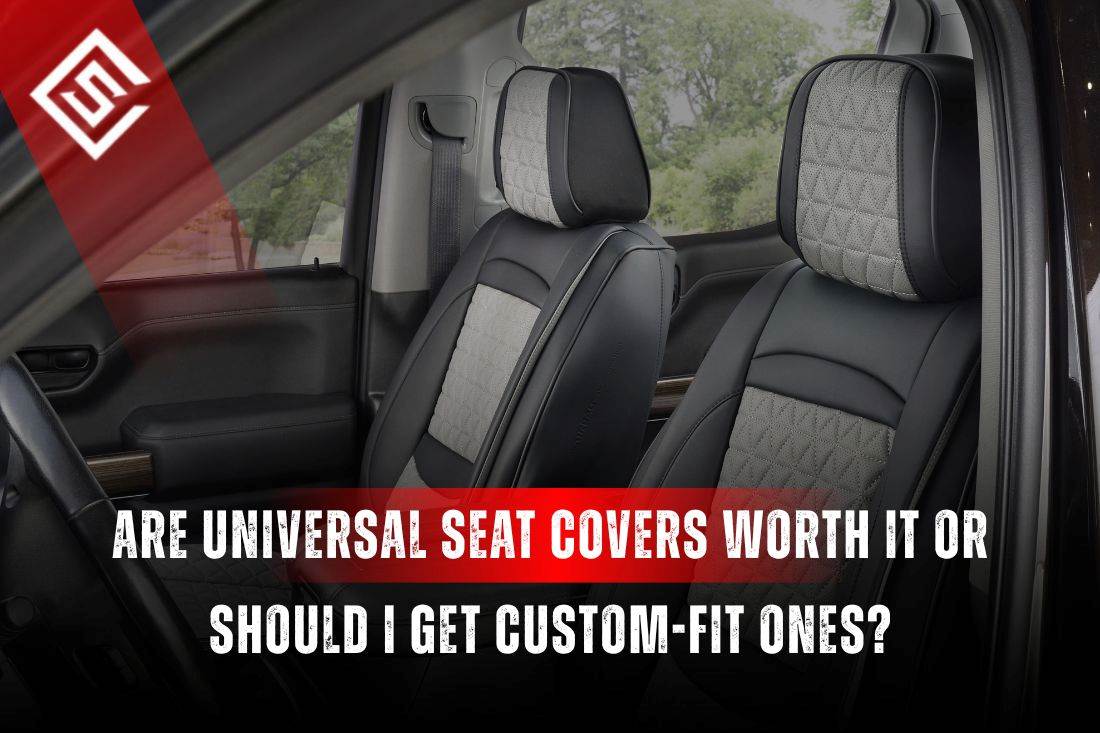 Car interior with custom-fit seat covers showing why universal seat covers fall short on comfort, fit, and seat protection.