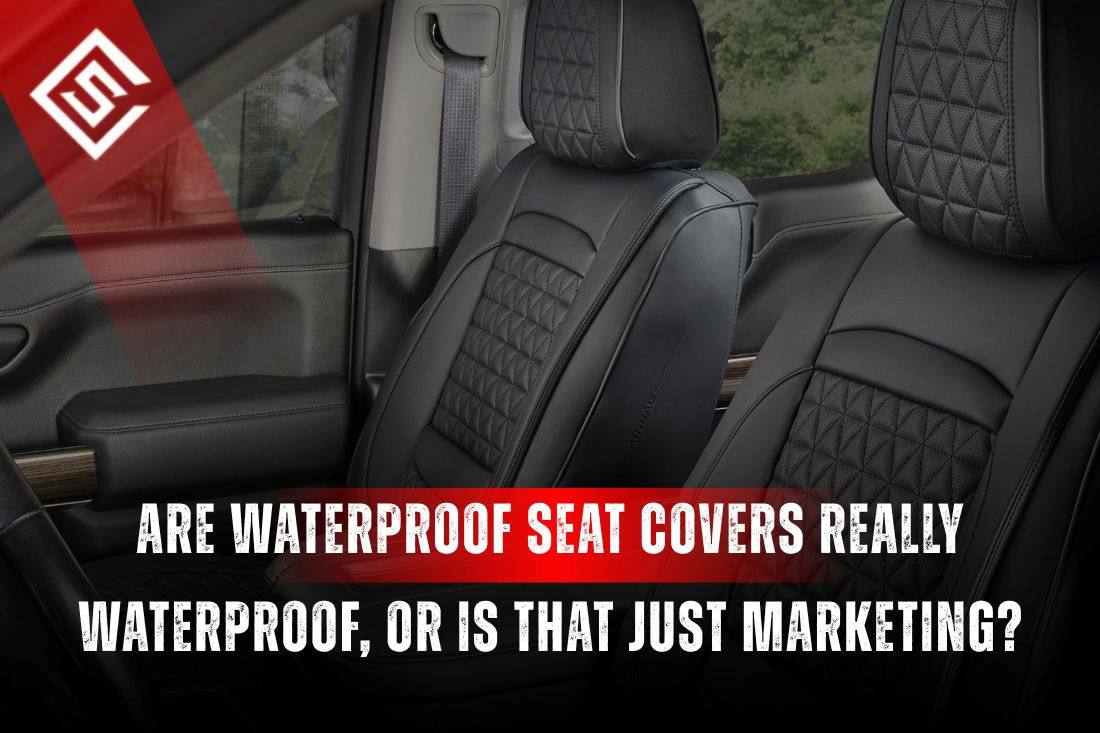 Black quilted waterproof seat covers in a car interior, showing real protection behind whether waterproof seat covers work.