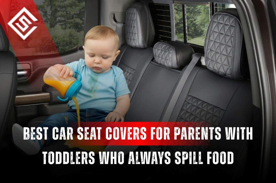 Toddler spilling juice on back seat demonstrating why parents need waterproof car seat covers to protect upholstery.