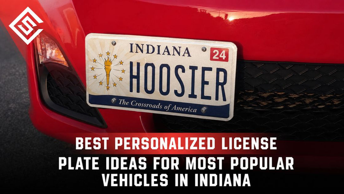 Indiana HOOSIER vanity plate on a red car, highlighting personalized license plate ideas for popular vehicle types.