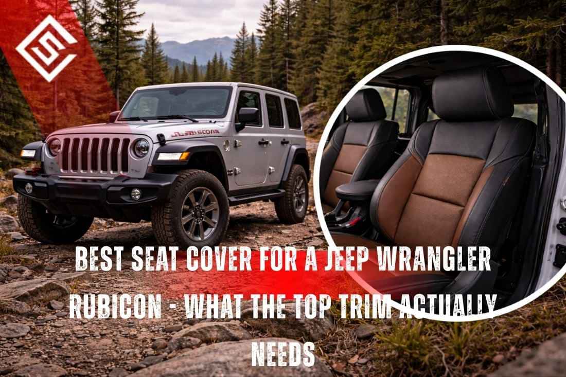 Jeep Wrangler Rubicon with premium interior showing eco-leather seat covers for dual use, trail and daily driving.