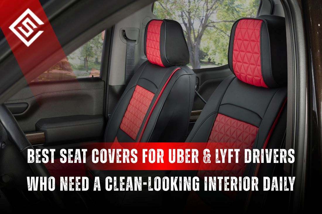 Eco leather red-black seat covers installed in a car interior for Uber and Lyft drivers for a clean professional look daily.
