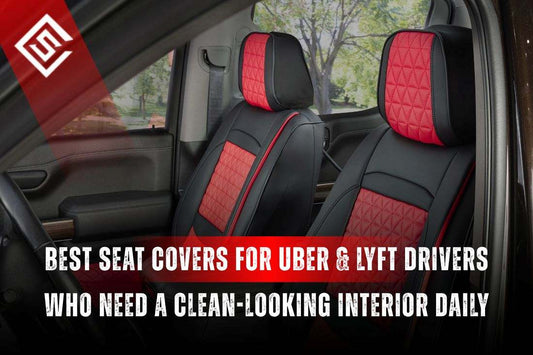 Eco leather red-black seat covers installed in a car interior for Uber and Lyft drivers for a clean professional look daily.