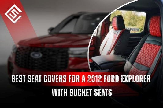 Custom-fit seat covers installed on 2012 Ford Explorer front bucket seats, showing OEM-style design and airbag-safe fit.