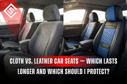 Car interior showing cloth seats beside quilted leather seats, highlighting durability and protection differences.