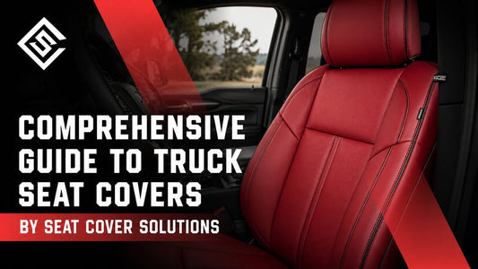 Red leather truck seat cover featured in Seat Cover Solutions guide to stylish, durable truck interiors and comfort.