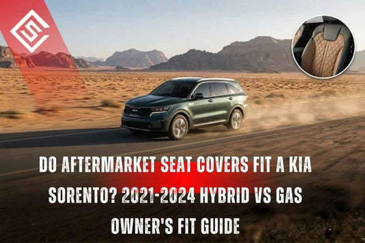 Kia Sorento driving through desert with inset seat cover, illustrating 2021-2024 MQ4 hybrid and gas fitment guide.