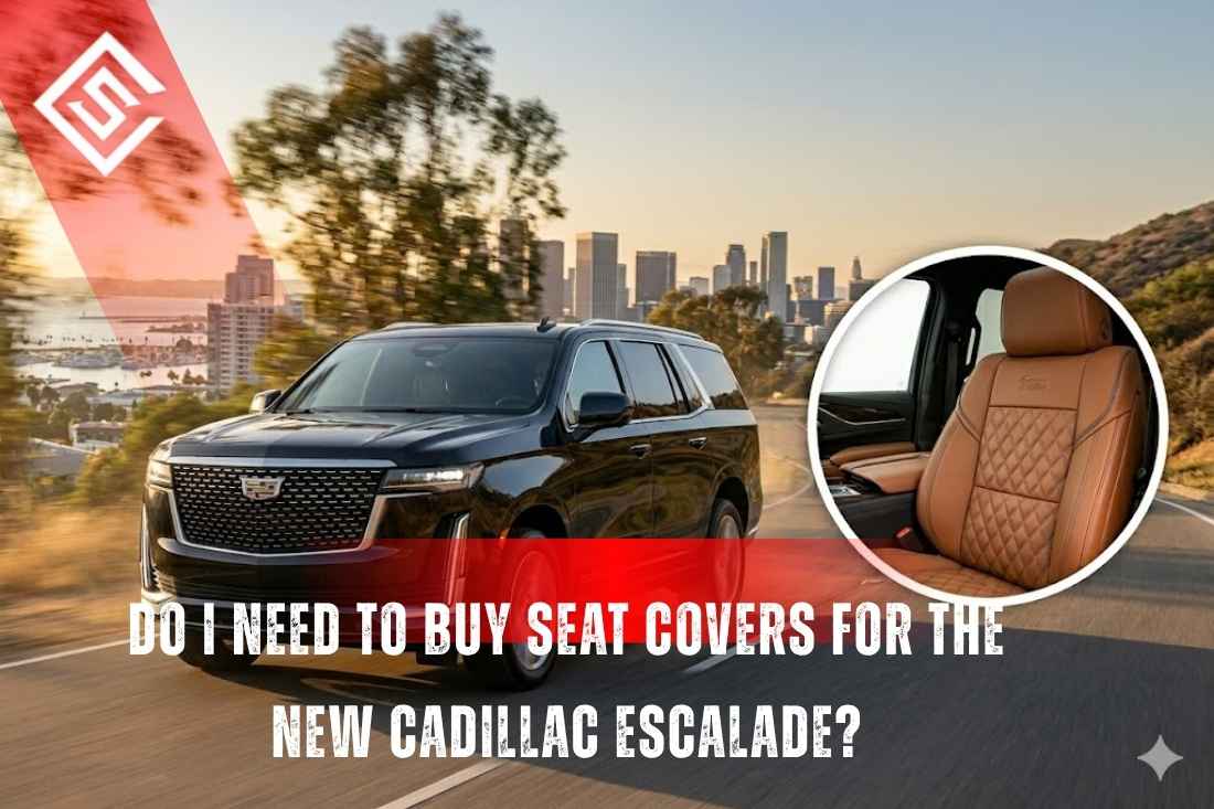 Cadillac Escalade on road with city skyline and inset quilted leather seat, showing need for fitted eco-leather seat covers.
