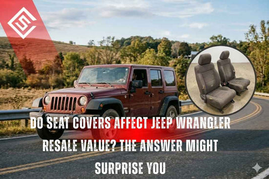 Red Jeep Wrangler driving with inset of seat covers illustrating seat protection preserves interior and boosts resale value.