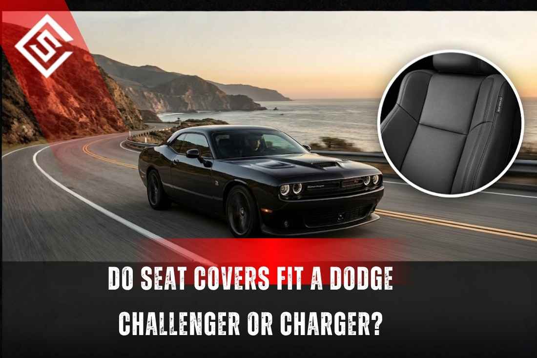 Black Dodge Challenger on coastal road with inset leather seat, promoting fitted Dodge seat covers for Charger models.