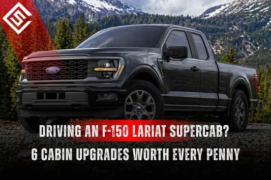 Black Ford F-150 Lariat SuperCab parked in mountains promoting six premium cabin upgrades for interior protection.