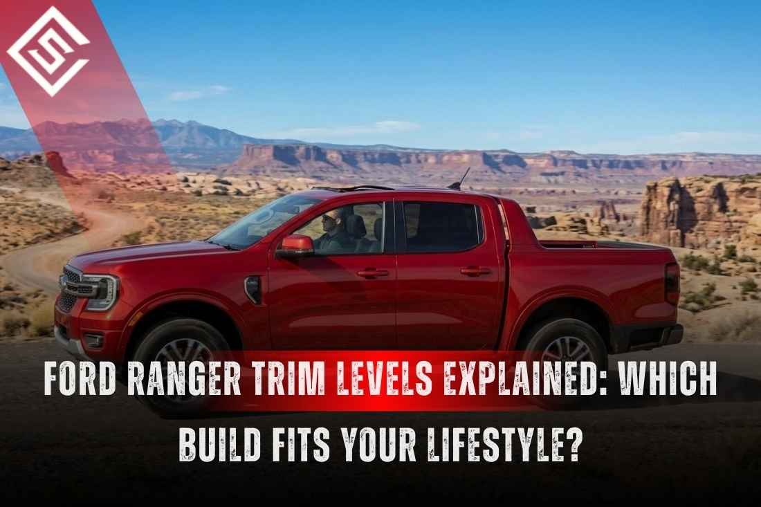 Red 2026 Ford Ranger SuperCrew on a desert road illustrating Ford Ranger trim levels from XL and XLT to Lariat Raptor.