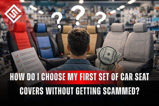 Buyer comparing car seat covers in a showroom, highlighting how to choose my set of car seat covers without getting scammed.