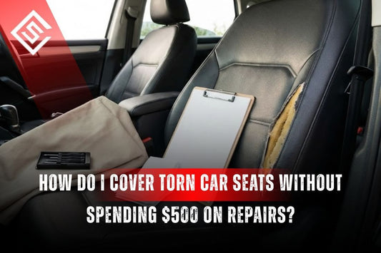 Torn leather car seat with exposed foam showing affordable ways to cover car seats without giving $500 repairs.