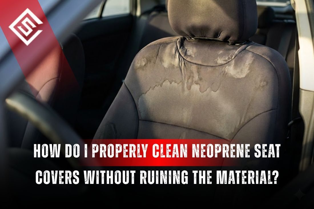 Neoprene car seat cover with water stains, highlighting the need for safe cleaning to prevent damage and stiffness.