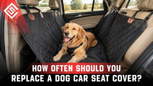 Golden retriever on a waterproof dog car seat cover in an SUV, showing durable and comfortable pet travel rides.