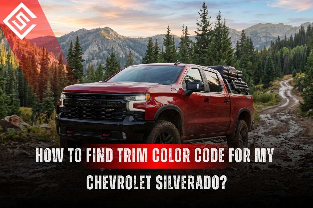 Red Chevrolet Silverado on mountain trail illustrating how to find factory trim color codes for seat restoration.