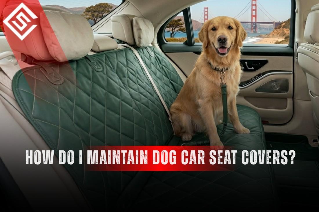 Golden retriever on a quilted dog car seat cover, highlighting easy maintenance and pet-friendly travel comfort.