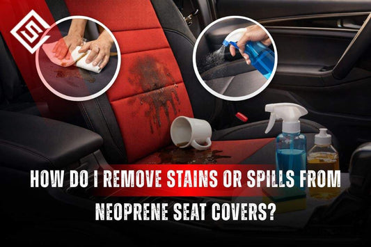 Coffee spill being blotted and cleaned from neoprene car seat covers using mild soap and spray to remove stains safely.