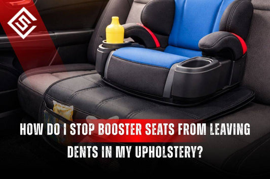 Booster seat on car seat with protective cover to prevent dents in leather upholstery inside family vehicle interior.