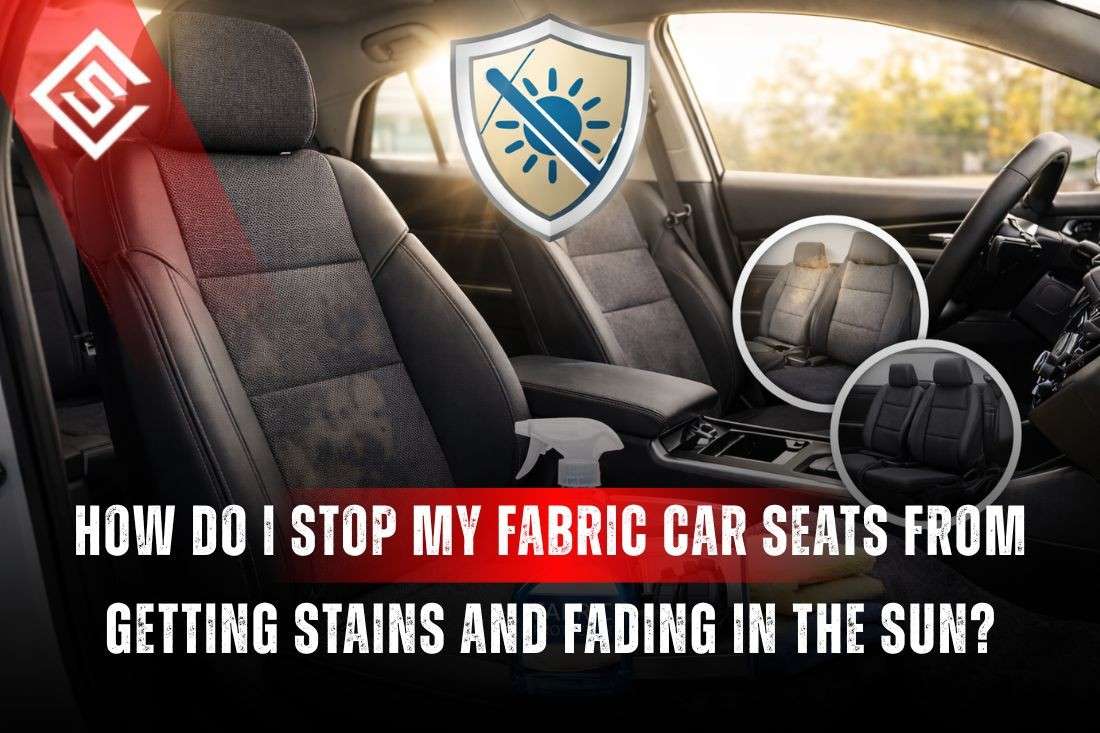 Car interior with fabric seats under sunlight highlighting UV protection and stain prevention concept for summer driving.