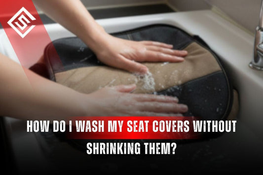Hands gently washing car seat cover in sink to prevent shrinking and heat damage during cleaning process safely.