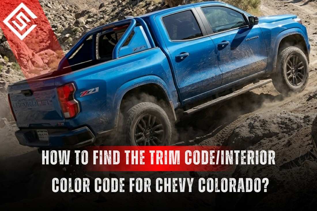 Blue Chevy Colorado off-roading with guide text about locating trim and interior color codes for customization.