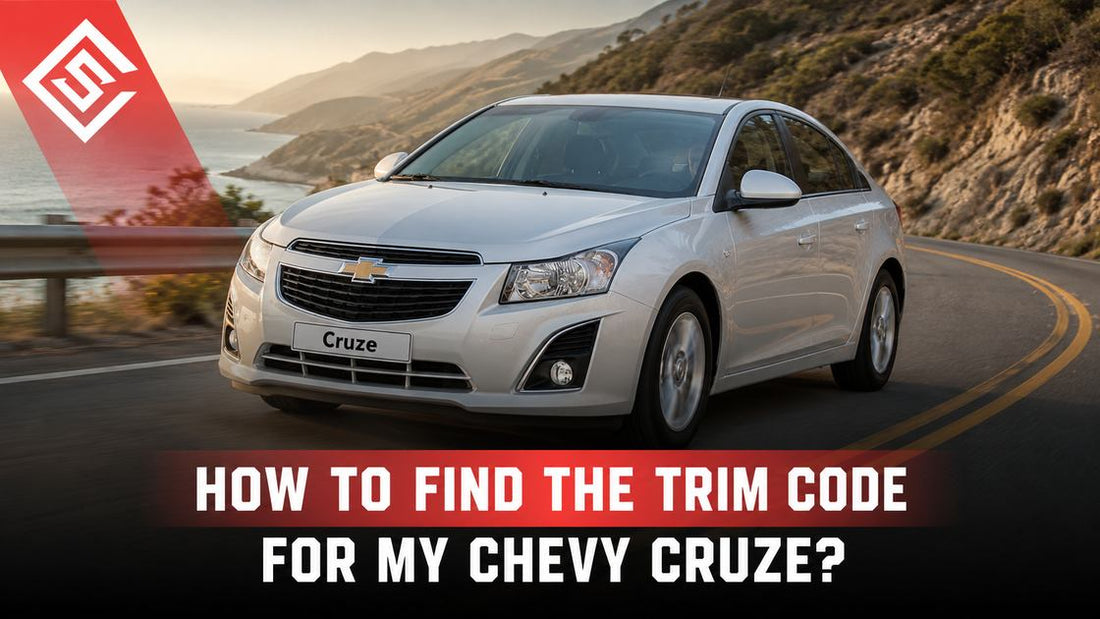 White Chevrolet Cruze on a coastal highway with overlay text about finding trim codes for restoration projects.