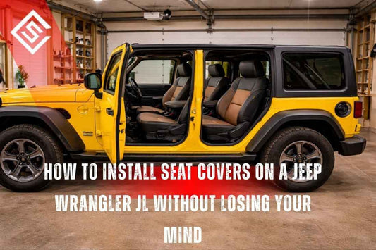 Yellow Jeep Wrangler JL with doors open in garage, showing seats during seat cover installation step-by-step process.