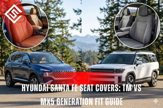 Hyundai Santa Fe TM vs MX5 seat cover fit comparison showing interior seats and exterior models highlighting differences.