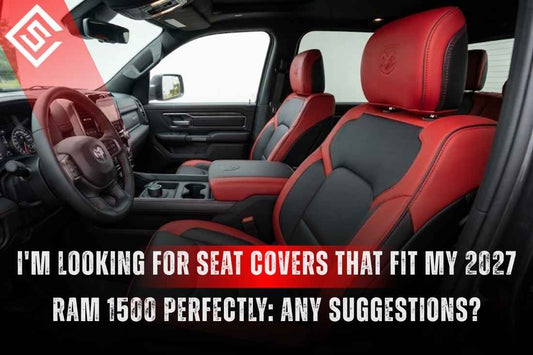 Red and black custom-style seat covers fitted to a 2027 Ram 1500 interior, showing snug coverage on bucket seats.