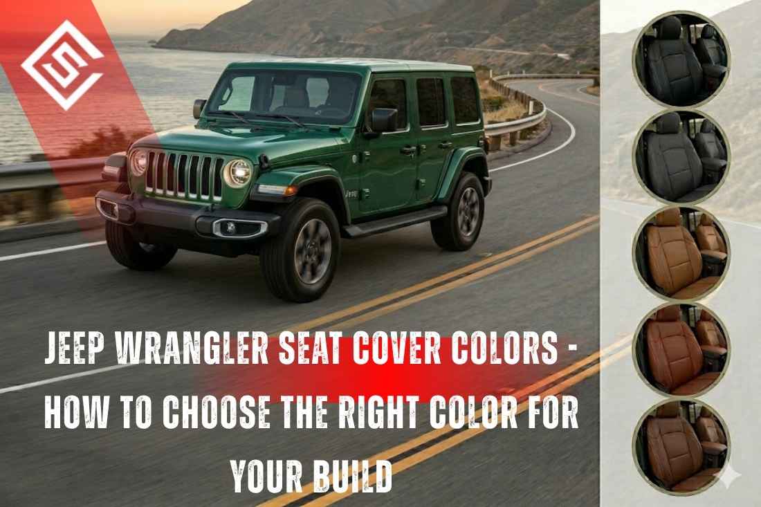 Green Jeep Wrangler on coastal road with inset seat cover color options, illustrates how to choose the right interior match.