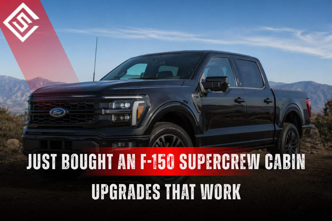 Black Ford F-150 SuperCrew parked outdoors with promotional text about practical cabin protection upgrades guide.