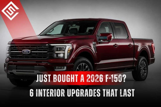 Red Ford F-150 hero image promoting six lasting interior upgrades for used 2026 trucks, from seat covers to sunshade.