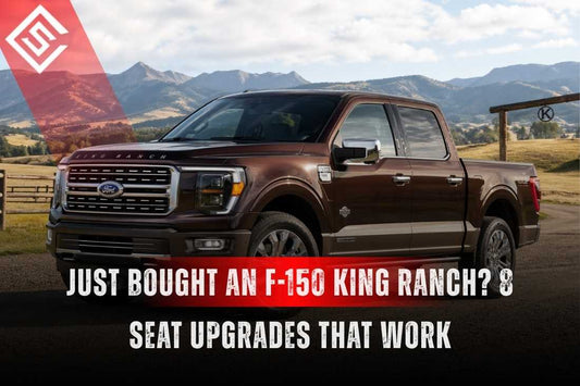 Brown Ford F-150 King Ranch parked in mountain landscape promoting 8 seat upgrades to protect premium leather.
