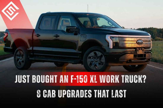 Black Ford F-150 XL work truck on a road, promoting 8 durable cab upgrades for seat, floor, and interior protection.
