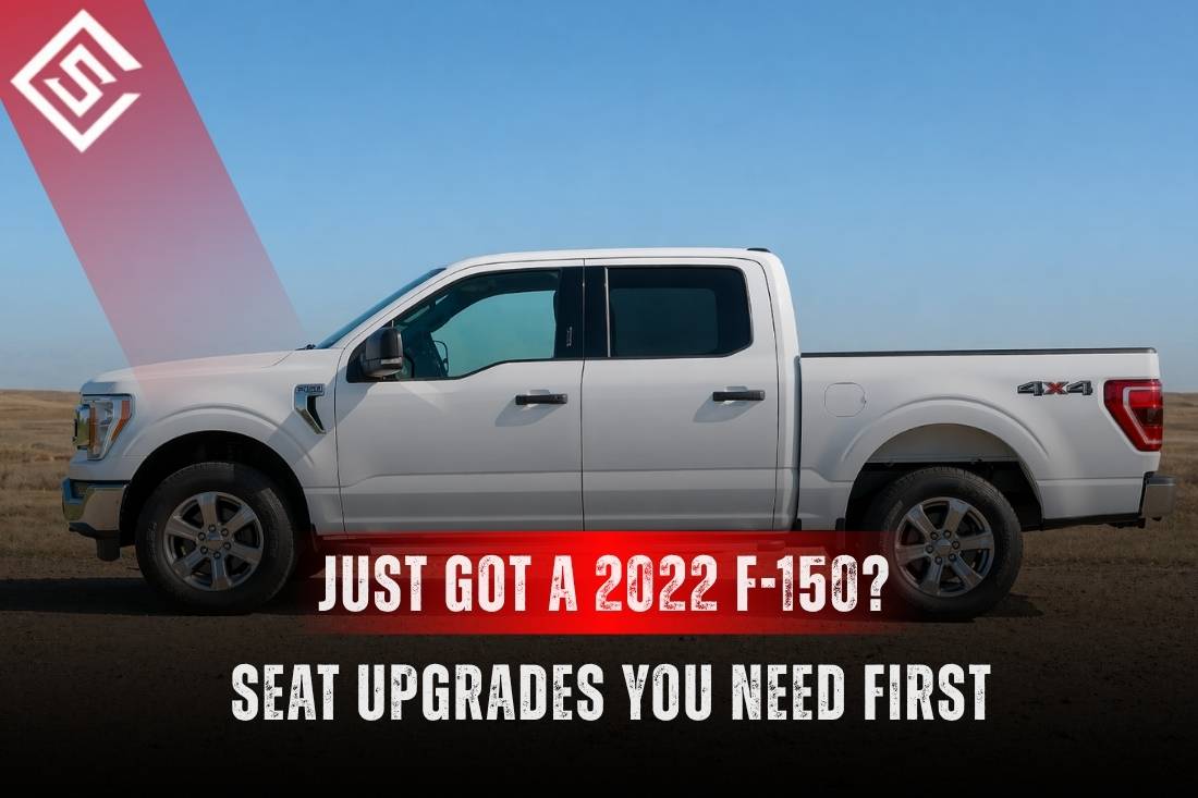 White 2022 Ford F-150 promoting practical seat upgrades like seat covers, liners and interior protection guide.