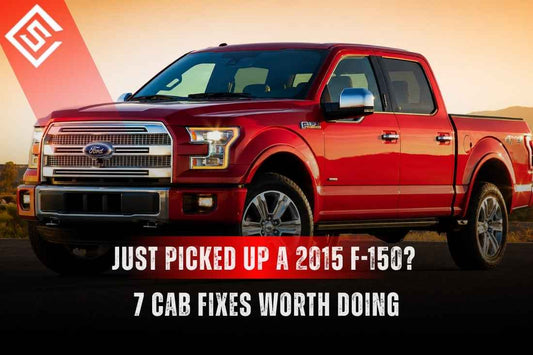 Red 2015 Ford F-150 pickup highlighting seven practical cab fixes for a cleaner, better-protected used truck interior.