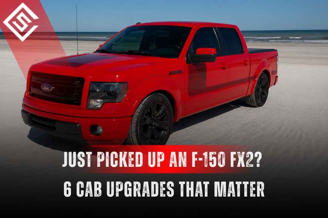 Red Ford F-150 FX2 parked on a beach, highlighting six smart cab upgrades to refresh a worn Gen XII truck interior.