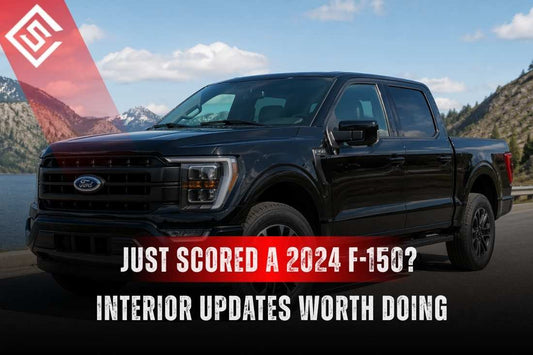 Black 2024 Ford F-150 by a mountain lake with overlay text promoting smart interior protection upgrades for new owners.