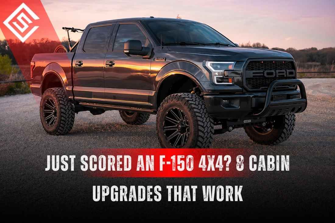 Lifted Ford F-150 4x4 pickup highlighting practical cabin upgrades like seat covers, liners, and storage mods daily.