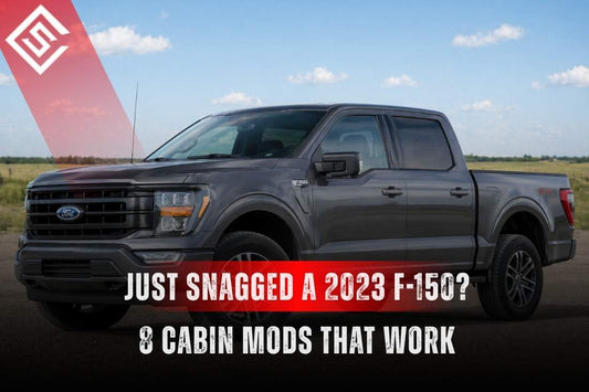 Gray 2023 Ford F-150 with text highlighting 8 practical cabin mods to protect seats, floors, and interior wear.