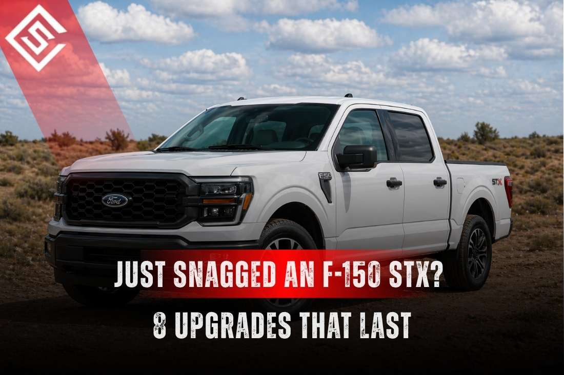 White Ford F-150 STX pickup on desert road with headline about eight durable upgrades for recent new truck owners.