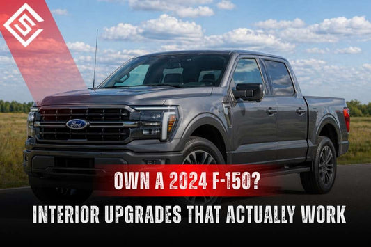 Gray 2024 Ford F-150 on open road with overlay promoting interior upgrades that protect seats, floors, and cabin.