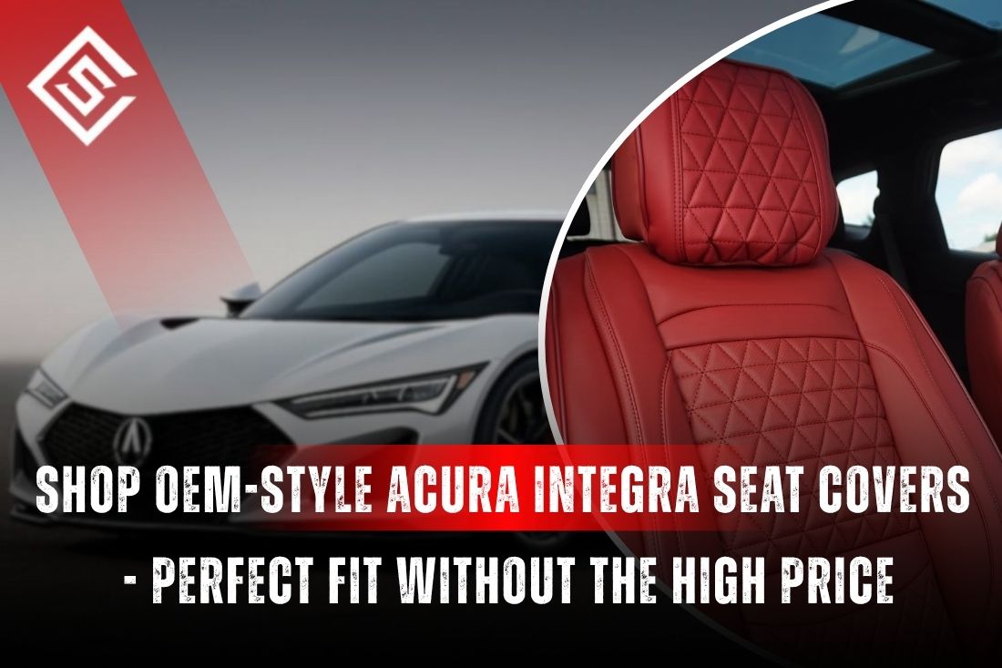 OEM-style Acura Integra seat covers with red leather interior, showcasing factory fit, premium style, affordable protection.